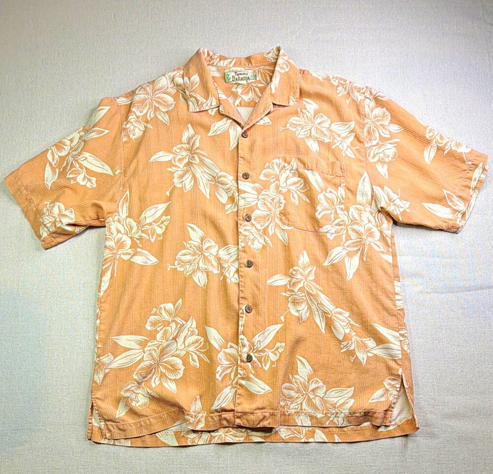 Tommy Bahama Mens Silk Hawaiian Floral Short Sleeve Button Up Shirt L Tan White